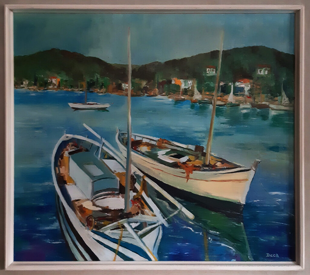 Miel Deca toile 2 bateaux de pêche Le Lavandou circa 1960